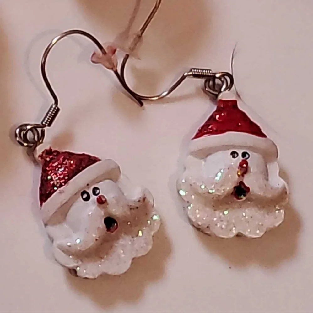 JINGLE BELLS & SANTA CLAUS Earrings White Red Silver & Gold Glitter Pier…